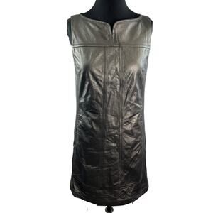 Elie Tahari Asphalt Black Mini Shift Dress Leather Split Neck Back Zip Size 6